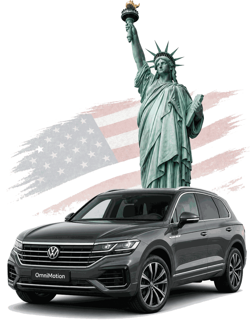 Statua Wolności, flaga USA i sprowadzony Volkswagen Touareg